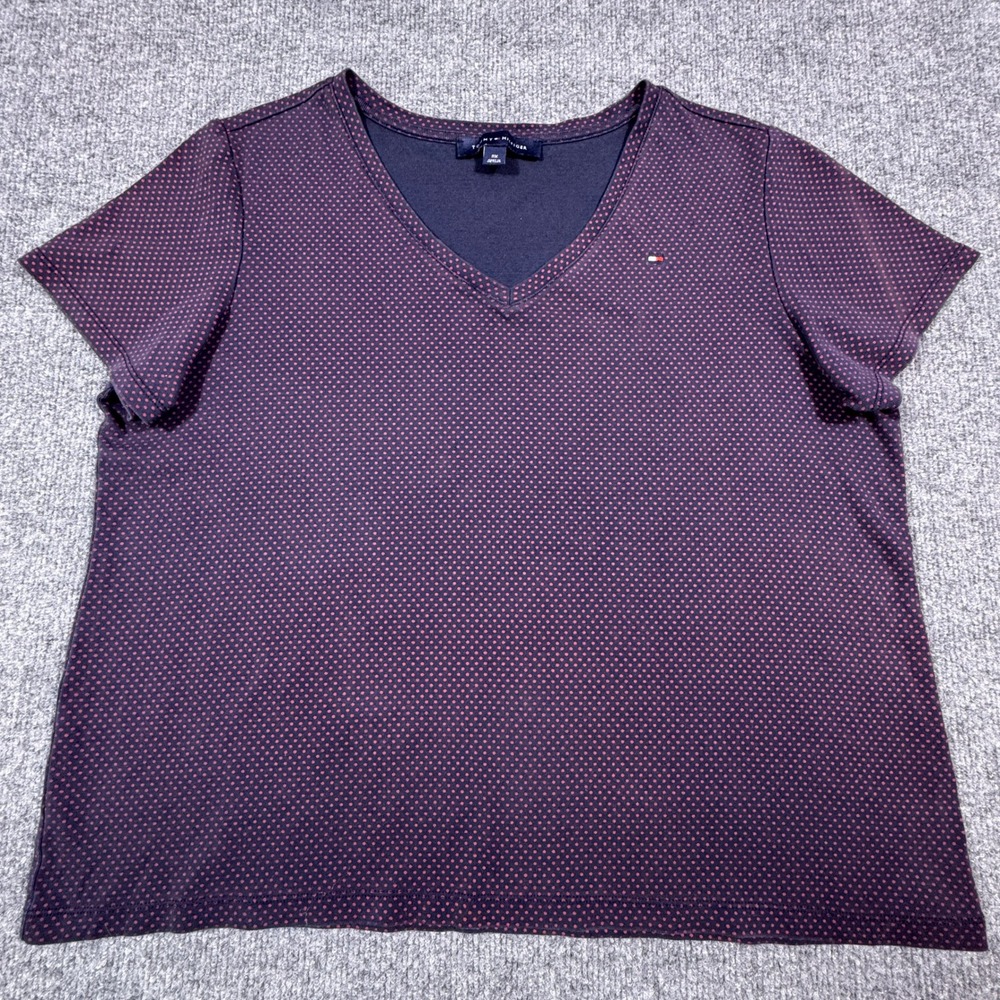 Tommy Hilfiger Womens 0X Navy Blue Red Polka Dot V-Neck Short Sleeve T-Shirt
